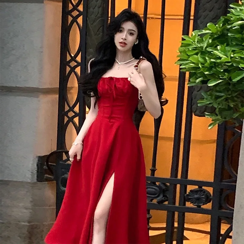 French Elegant White Strap Midi Dress 2023 Summer New Casual Evening Party Dress Women Beach Sleeveless Lace-up Red Dress Korean