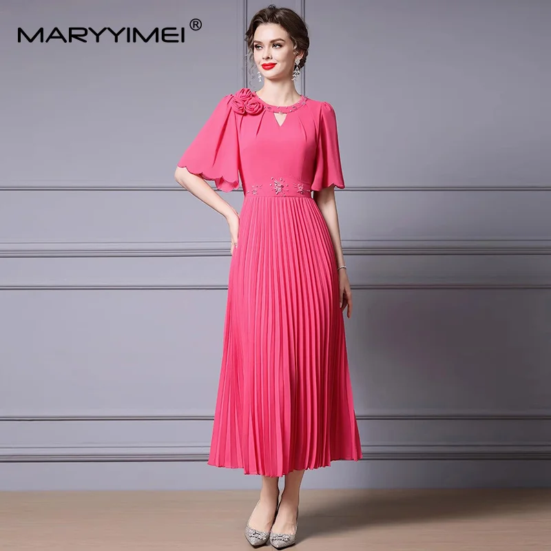 

MARYYIMEI Solid Short Sleeve Slim Maxi Dress For Women Appliques Elegant Pleated Dress Club Party Clothes Spring Summer 2025 New