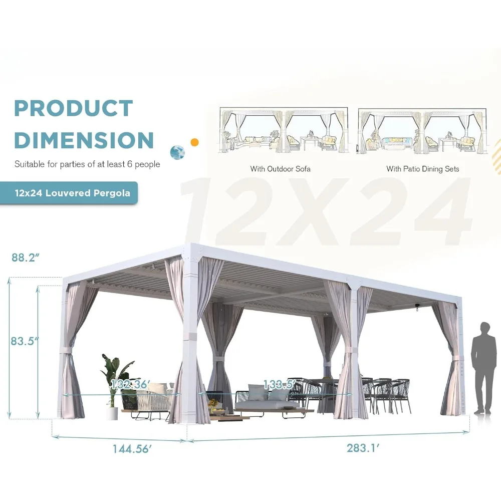 Louvered Pergola 12' X 24' Outdoor Hard Top Pergola with Aluminum Frame and Adjustable Metal Rainproof Roof for Garden & Patio