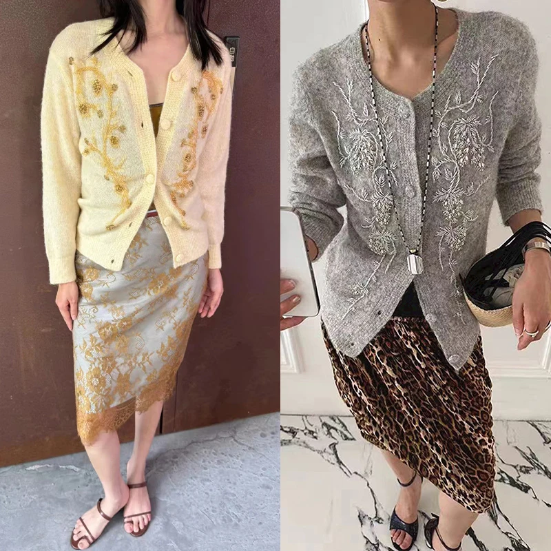 

Soft Handmade Beaded Floral round Ne Women's Sweater Cardigan French Sle Autumn 2025 Faion Blend Wool Knitted Top