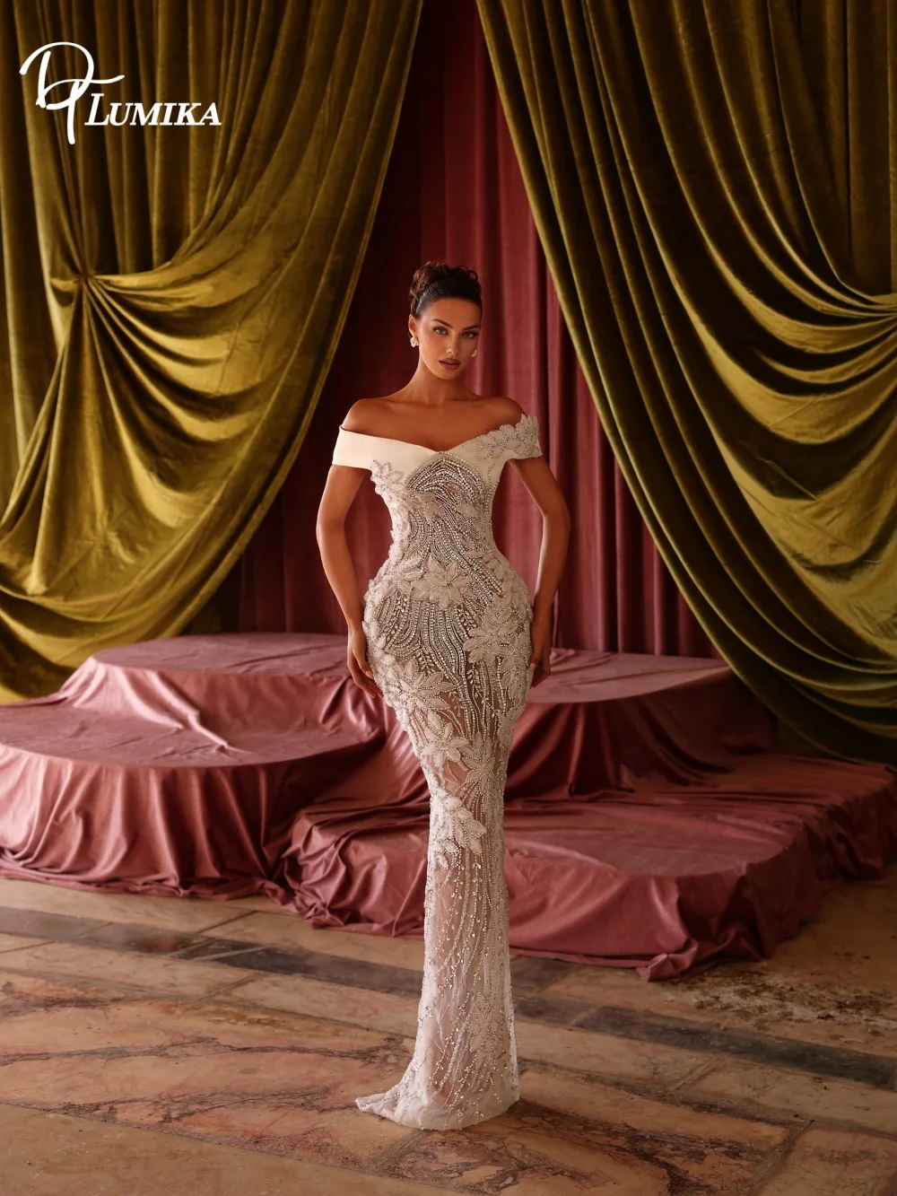 Glamorous Off Shoulder Beaded Bridal Gown Opulent Customized Lace Mermaid Wedding Dress Sheer Fitted Silhouette Vestido De Novia