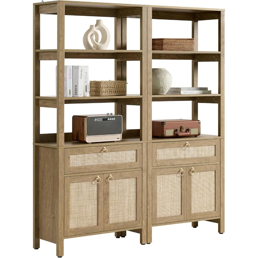 

pair of 68.5" tall rattan bookcases with drawers and doors, featuring round gold handles and 3-tier storage