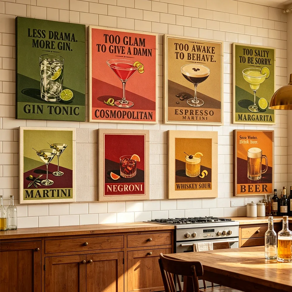 Retro Cocktail Drink Canvas Poster Funny Quotes Gin Tonic Margarita Negroni Beer Wall Art Prints Bar Pub Kitchen Room Home Decor