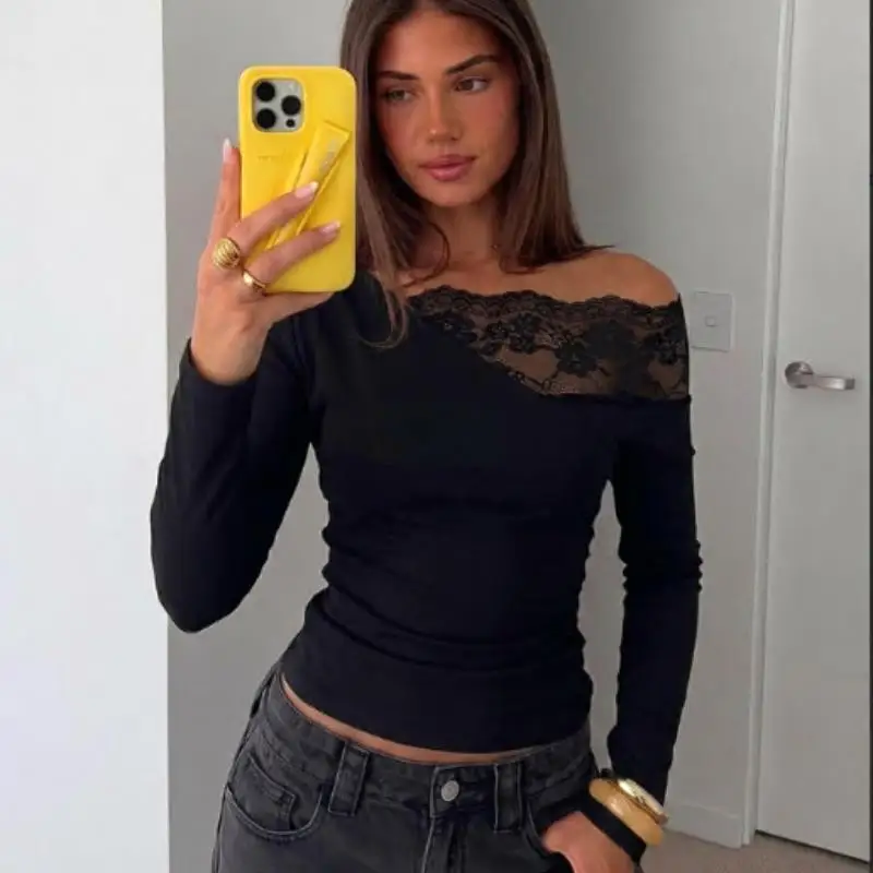 Springautumn New Foreign Trade European American Women Fashion Versatile Lace Splicing Diagonal Shoulder Long Sleevet-Shirt Tops