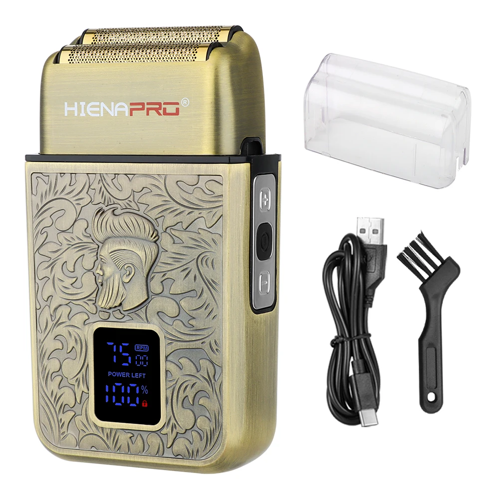 hienapro-ヴィンテージ彫刻入り往復式電気シェーバー（男性用）、ledディスプレイ付き充電式ウェット＆ドライポータブルシェーバー