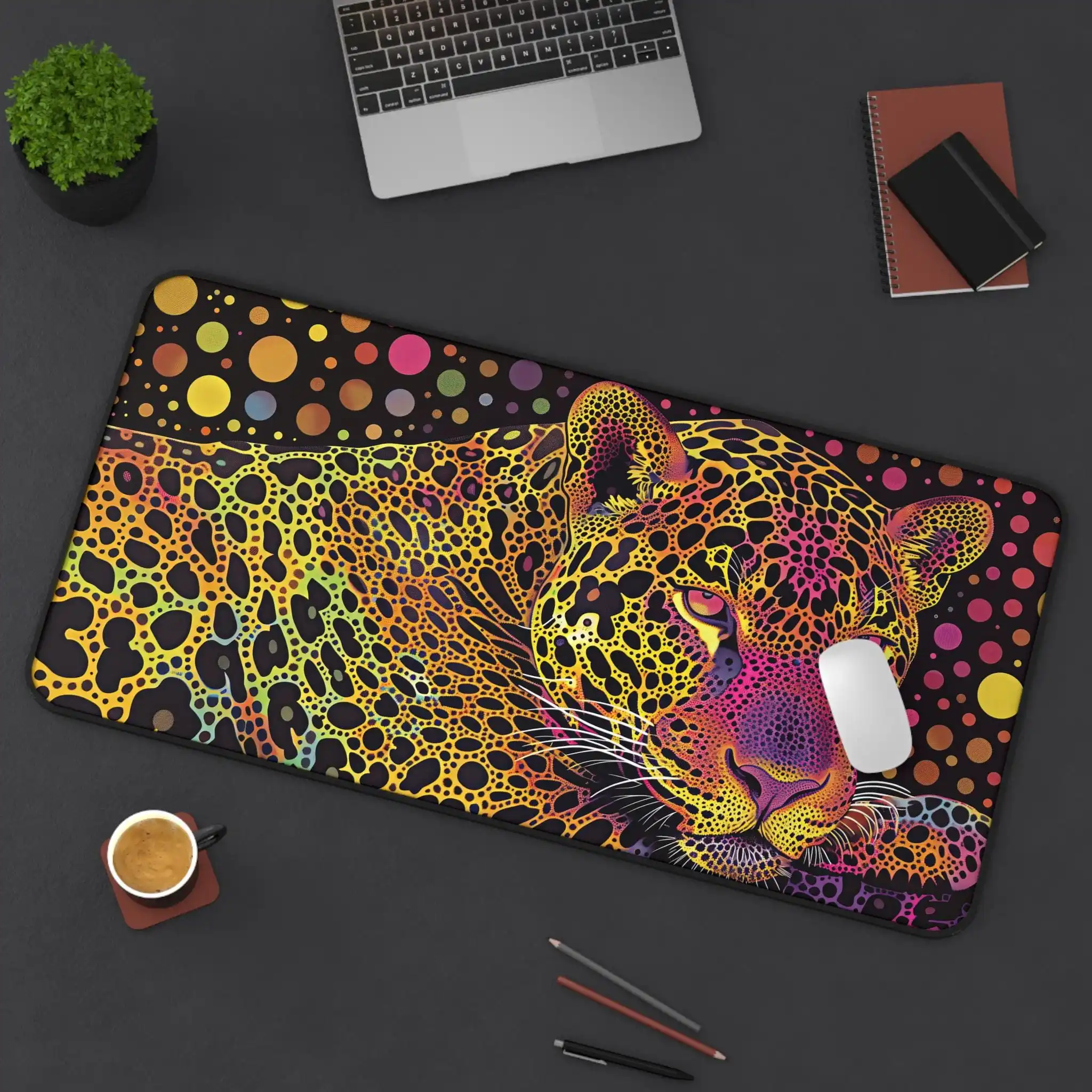 Colorful Art Jaguar Deskmat,featuring A Jaguar Depicted in Intricate Kaleidoscope Dot Art,unique Colorful Gift for Jaguar Lovers