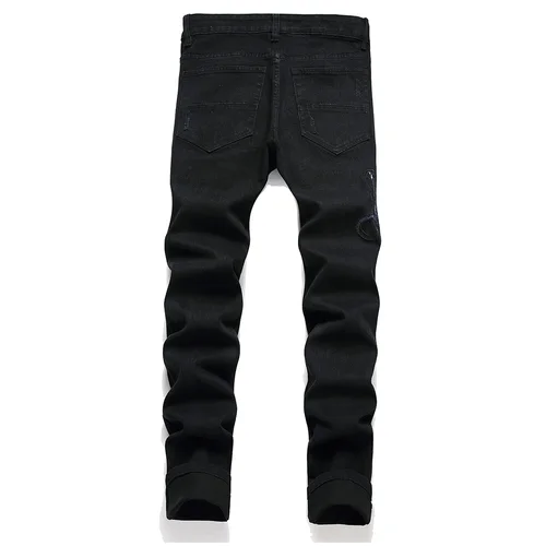 Imagen 2 del producto Pantalones vaqueros con bordado de serpiente para hombre, ropa de calle, pantalones vaqueros elásticos negros, pantalones rectos ajustados desgastados rasgados con agujeros