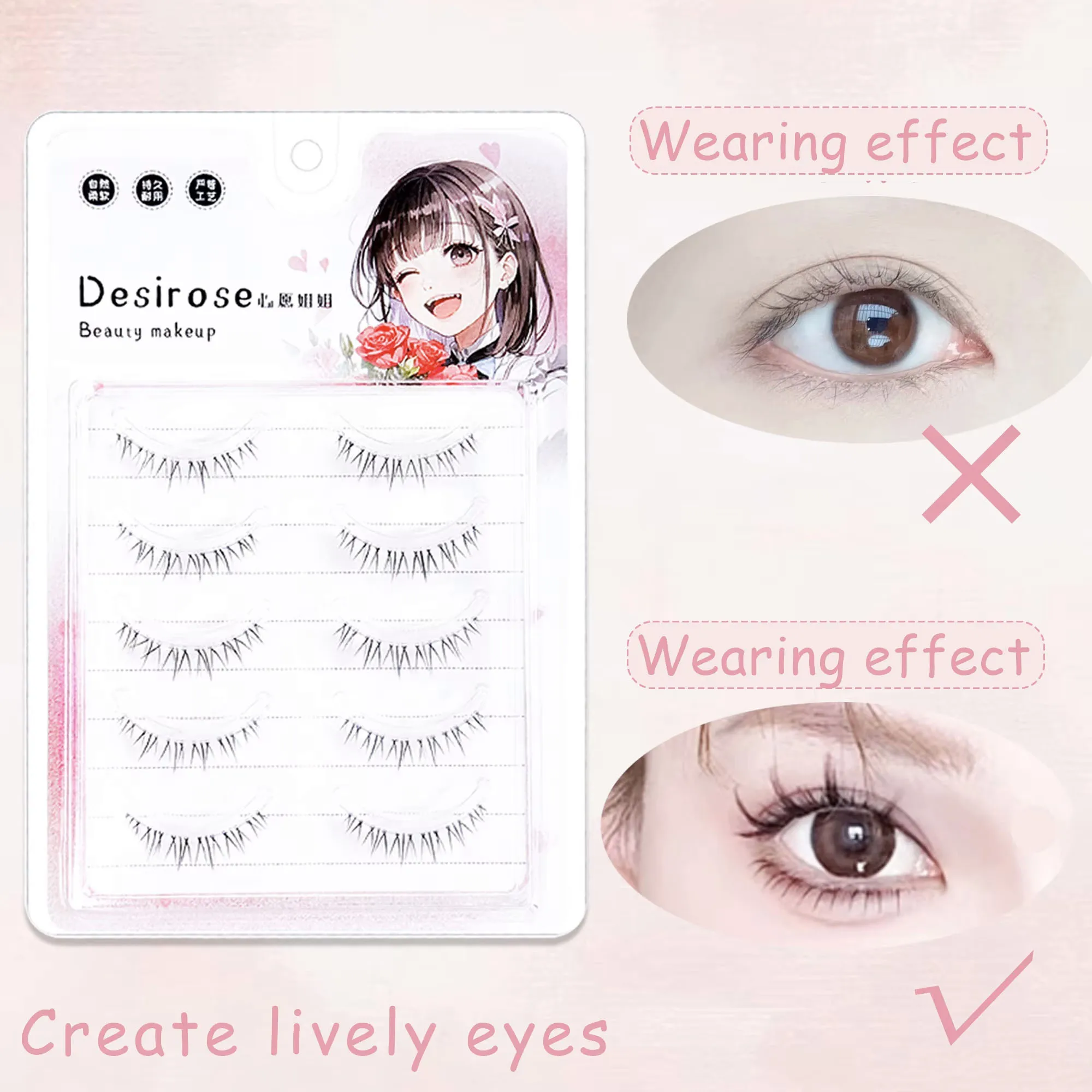 5 Paar Manga-Wimpern, natürliche untere Wimpern, handgefertigte falsche Wimpern mit transparentem Band, geeignet für das tägliche Make-up – Detail 5