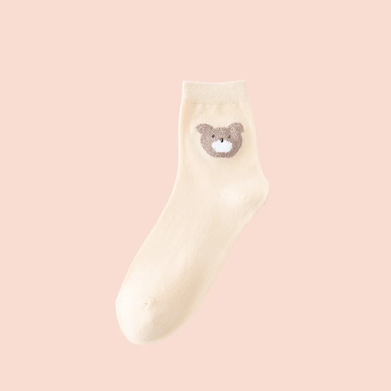 Chaussettes en coton à tube moyen pour femmes, ours mignon japonais, Ins, marque de mode, style universitaire de dessin animé coréen, 3/6 paires