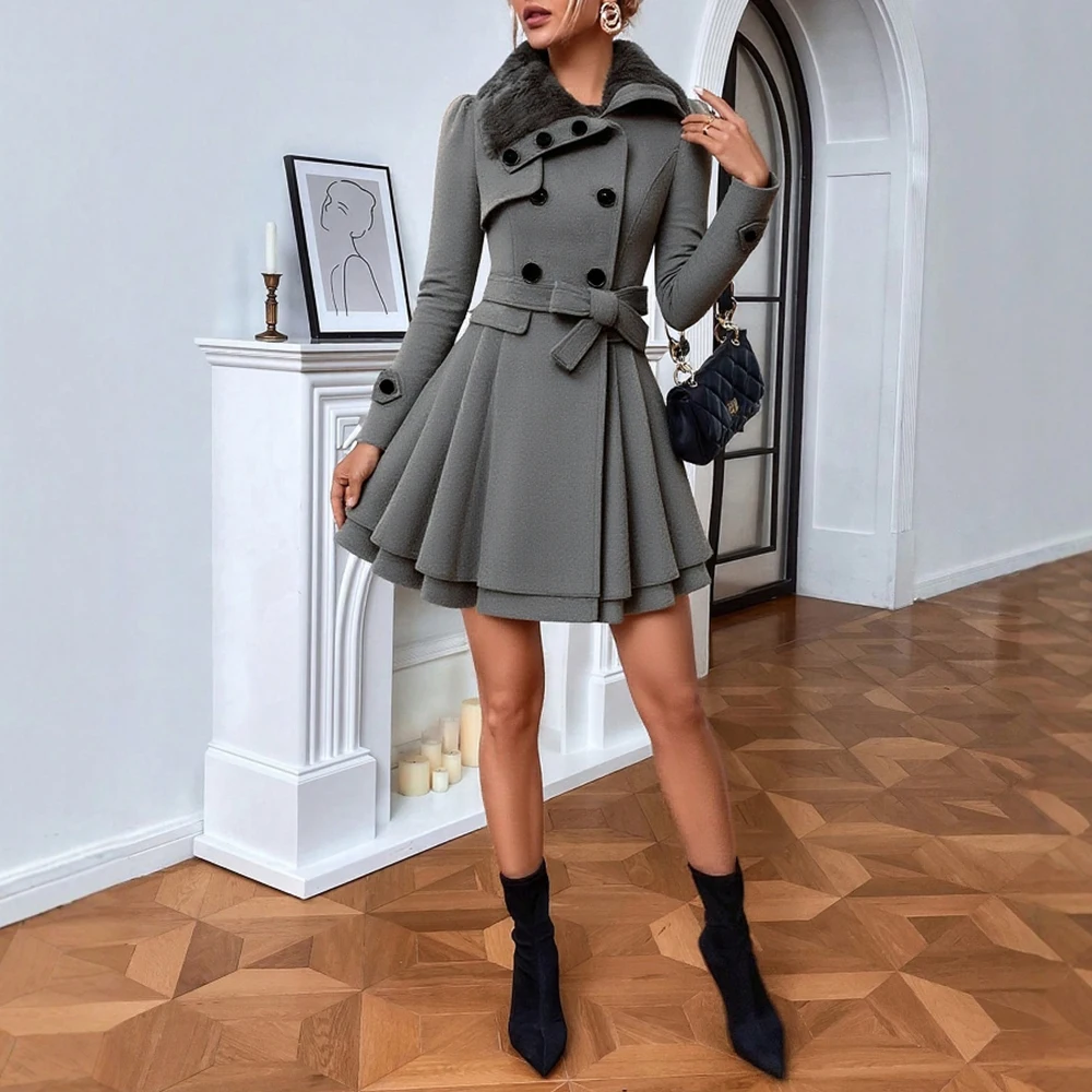 

Женские пальто, осень 2024, однотонные однобортные пальто трапециевидной формы с длинными рукавами и зубчатыми лацканами, воротник из искусственного меха