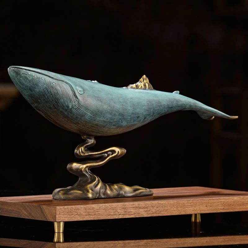 

Brass Whale Ornament with Wooden Rack, Home Living Room, Wine Cabinet, Office Desktop Decoration, Housewarming Opening Gift