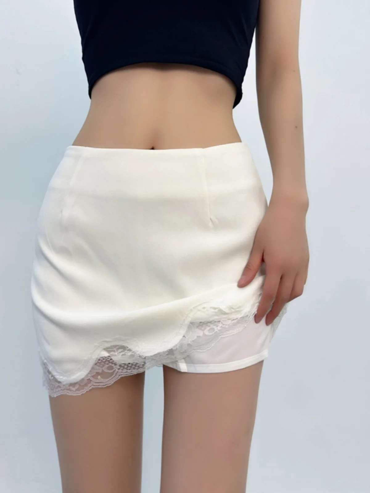 Pure Desire Style Lace Splicing Bag Hip Half Body Skirt Women 2024 Summer New Style Solid Slim Spicy Girl Short Skirt 3TH0