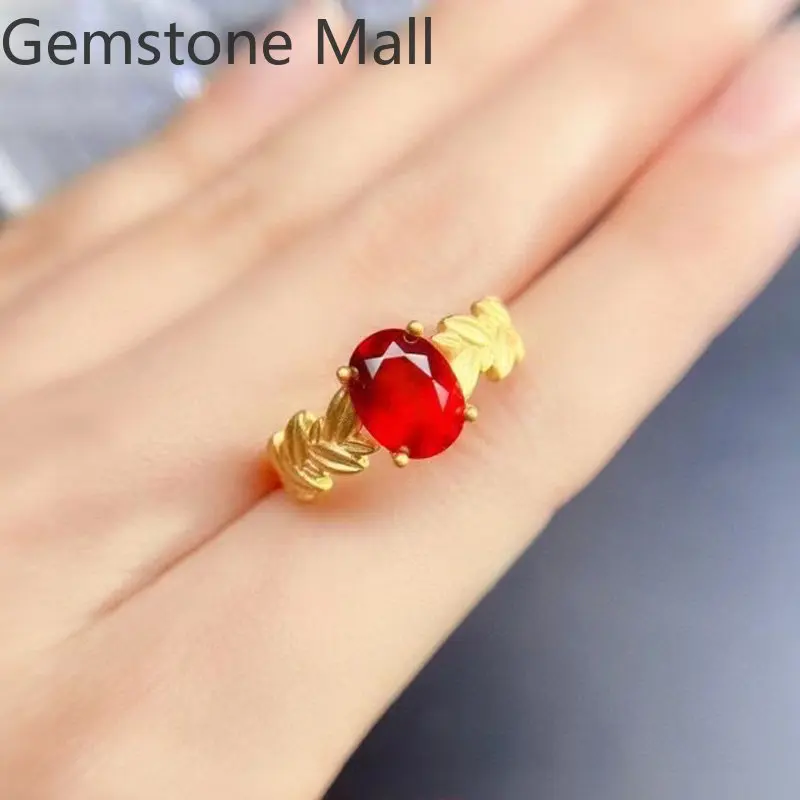 2ct VVS Grade Natural Garnet Silver Ring 7mm*9mm Garnet Jewelry with 3 Layers 18K Gold Plating Gift for Woman