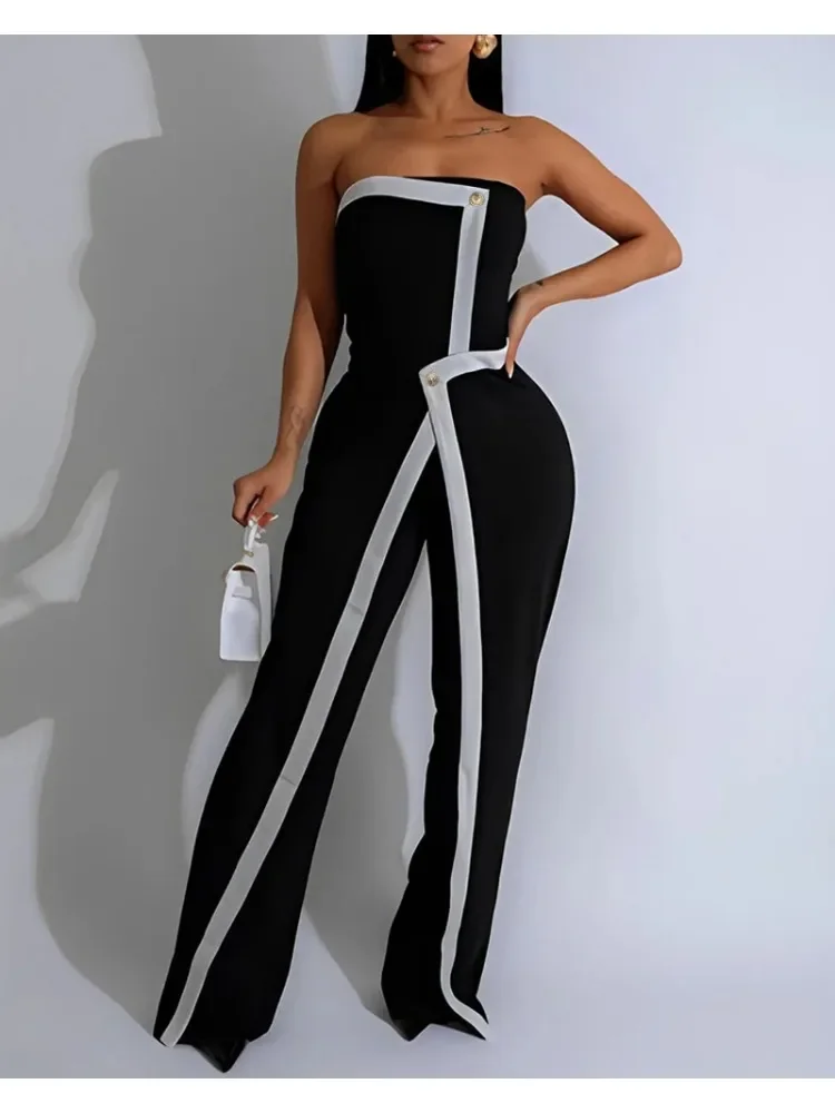 Elegant Colorblock Patchwork Asymmetrical Bandeau Sleeveless Slim Fit Jumpsuit Women Button Decor Overall for Lady Office