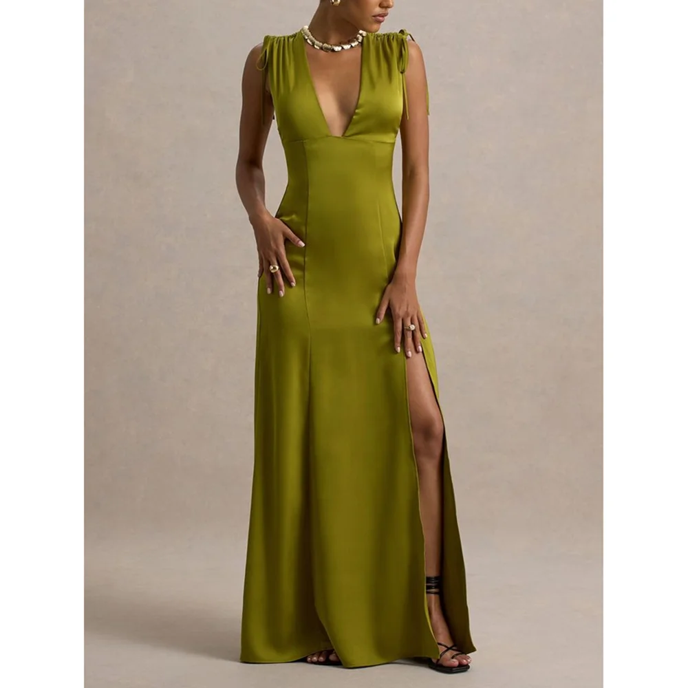 

Elegant Deep V-Neck Side Slit Evening Party Dresses Sexy Sleeveless A-Line Prom Gowns Customized Sizes Available