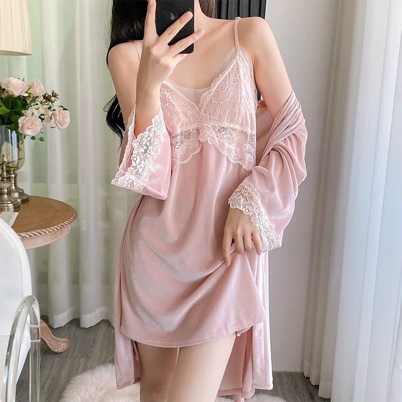 

Twinset Robe Set Women Velour Lace Bathrobe Gown Suit Autumn Winter Sleepwear Kimono Nightgown Nightwear Velvet Home Dress