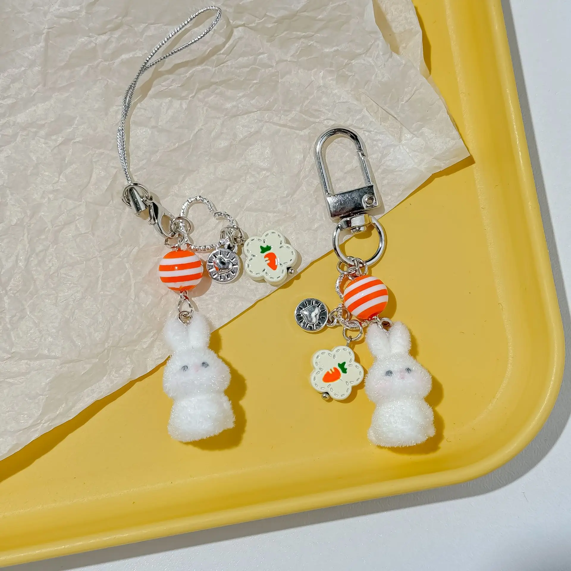 Bag Charm Simple Clasp Key Chain Flocked Rabbit Pendant Carrot Themed Camera Decoration For Key Chain Gift For Relatives Cute
