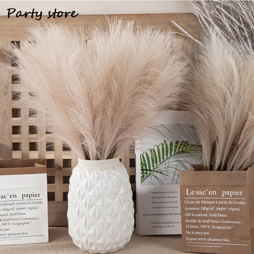 100PCS Fluffy Pampas Grass Boho Pink Artificial Flower Decor Fake Plant Reed Simulated Party Wedding Home Pampas Grass Flowers