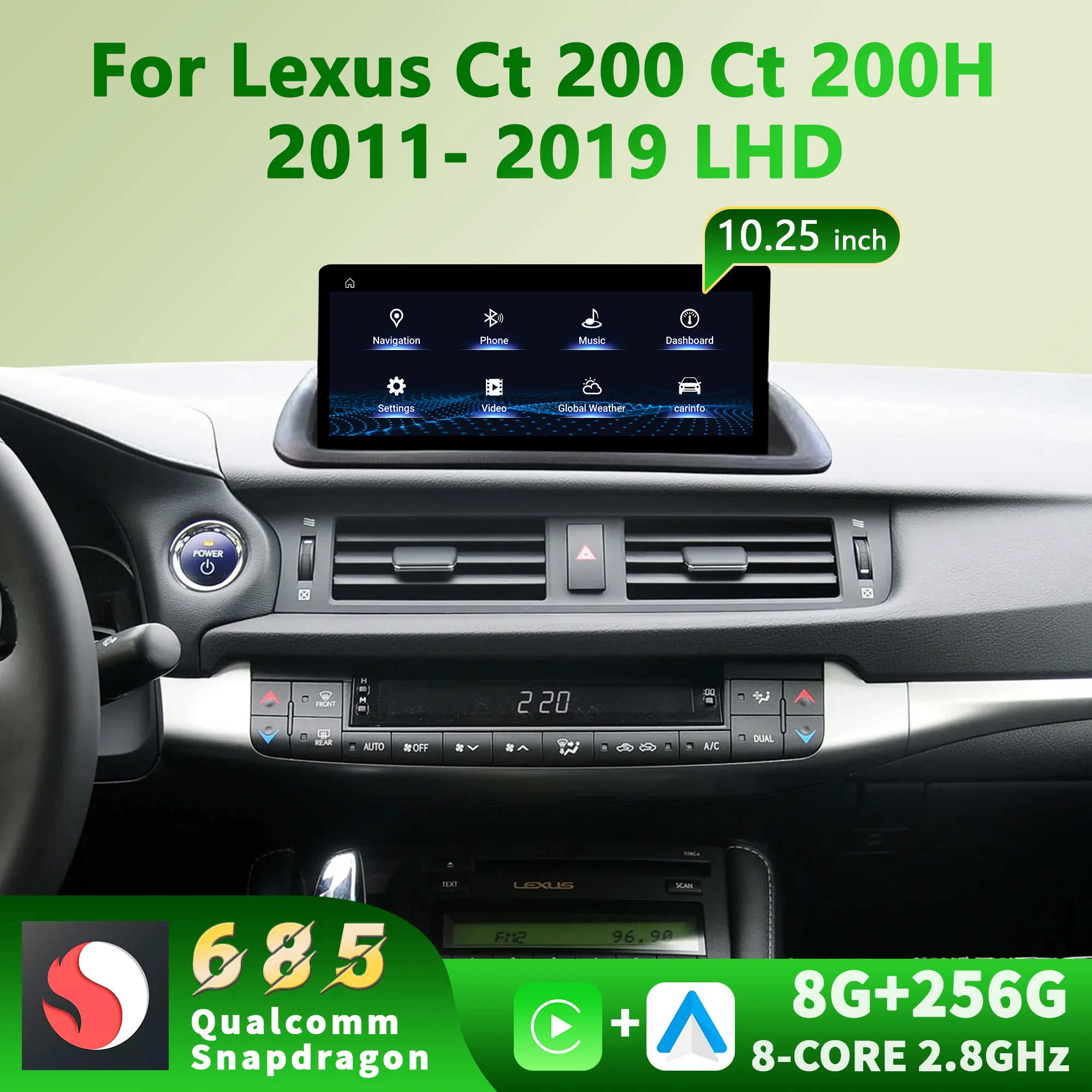 10.25inch For Lexus Ct 200 Ct 200H 2011-2019 Android 14 Car Radio Multimedia GPS Navigation Snapdragon 680 Carplay Split Screen