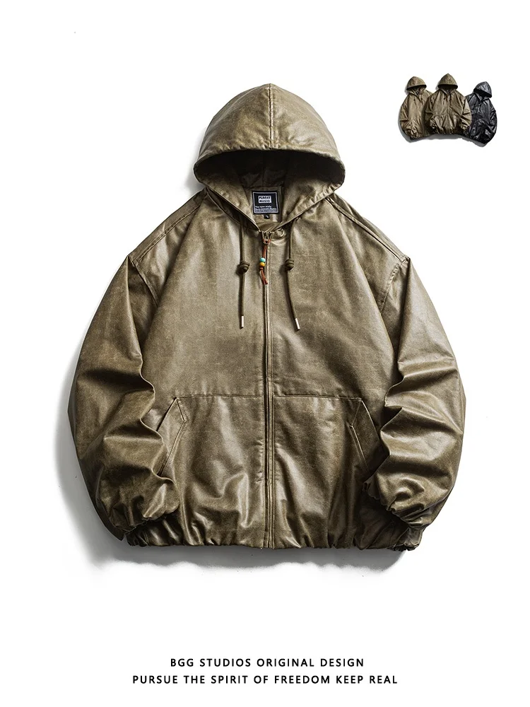 

Retro American Embroidered Hooded PU Leather Jaet Men's Trendy Loose Casual Motorcycle Outerwear Polyester Cotton Blend