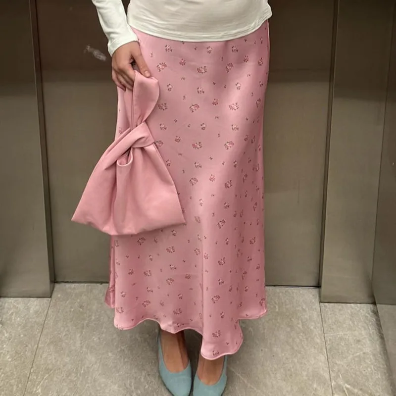 

Elegant Floral Print Satin High-Waisted Pleated Skirt Chic Casual Color-Blocked Zippered A-Line Skirt New Stylish Women's Skirt