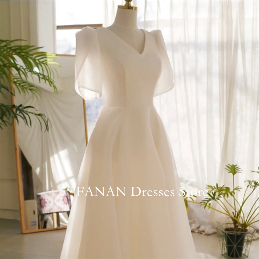 FANAN Elegante Linha A Coréia Marfim Organza Zipped Vestidos de Noiva Garona V-Neck Simples Personalizado Bonito Vestidos de Noiva Plus Size