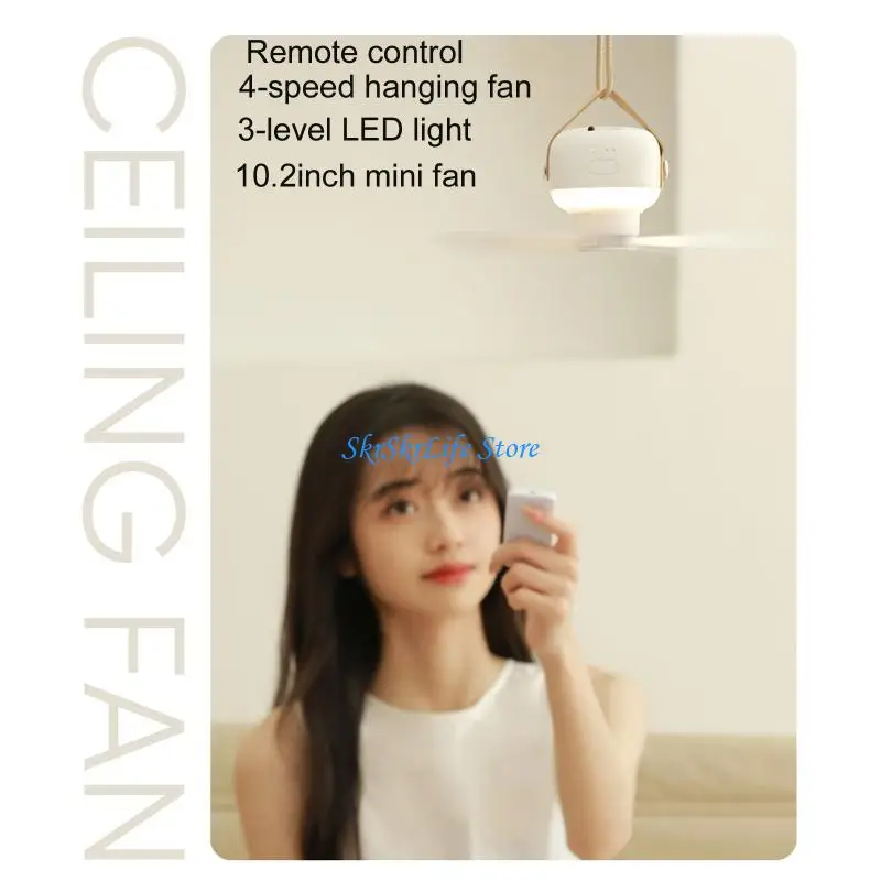 E65E 10inch Canopy Fan Tent Fan Ceiling Fan USB Camping Fan with LED Light Hanging Fan for Dormitory Bedside Tent Library