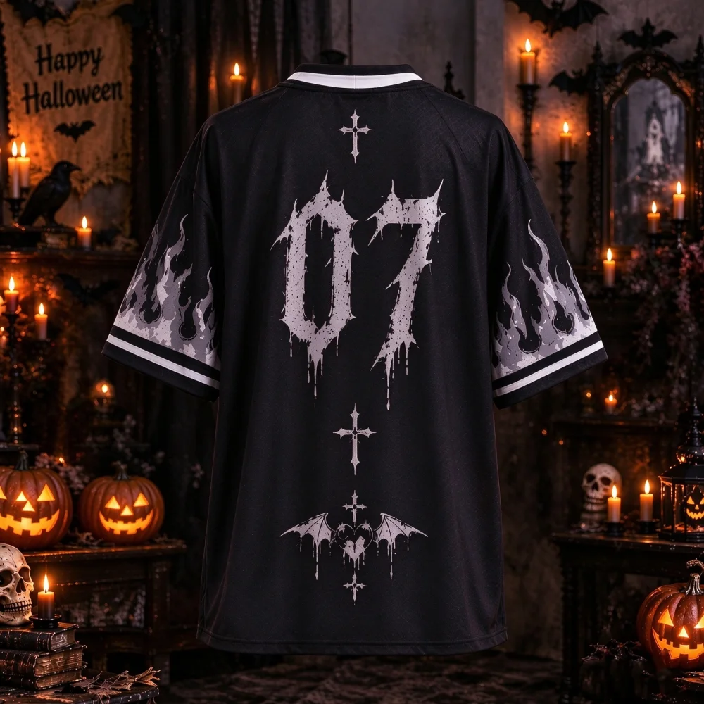 Halloween Stay Spooky Bat Bunny V-Neck Jersey, Front Back 07 Number Flame Print Oversized Punk Shirt for Men Women