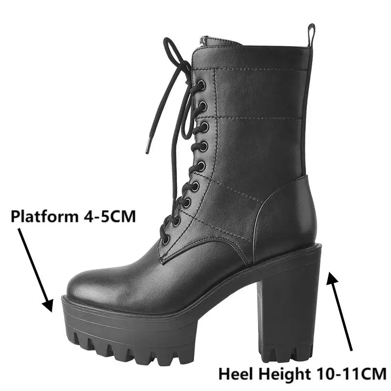 Onlymaker Women Platform Boots Lace-up Ankle Boots Round Toe Matte Black Zipper Square Chunky High Heel Booties