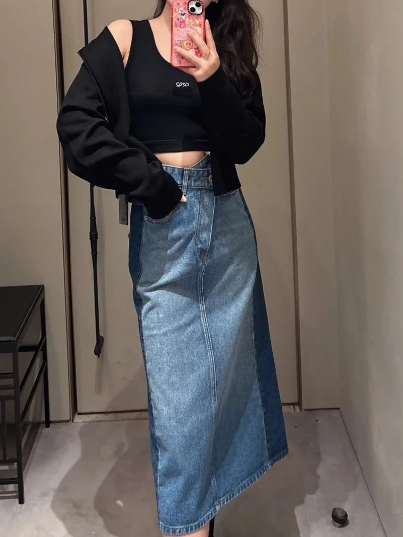 Denim Women Skirt 2025 New Fashion Design Irregular Diagonal Button Waist Front Back Color Block Blue Mid length Lady Half Skirt