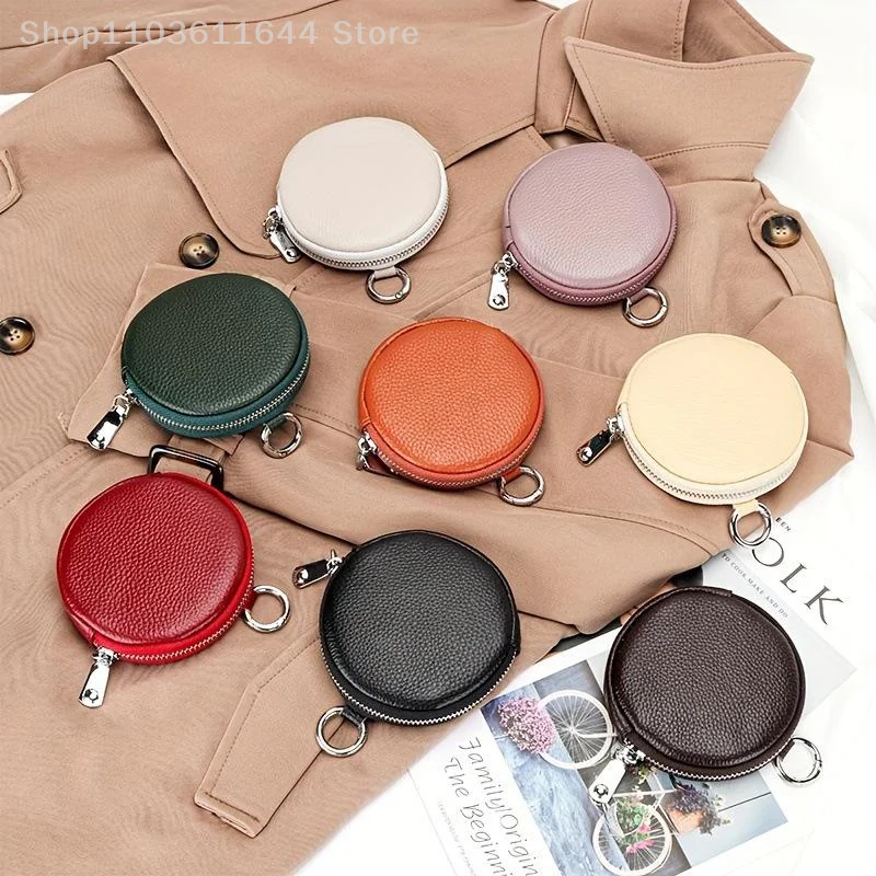 

Genuine Leather Round Coin Purse Simple Solid Color Money Change Pouch Small Wallet Earphone Storage Bag Keychain