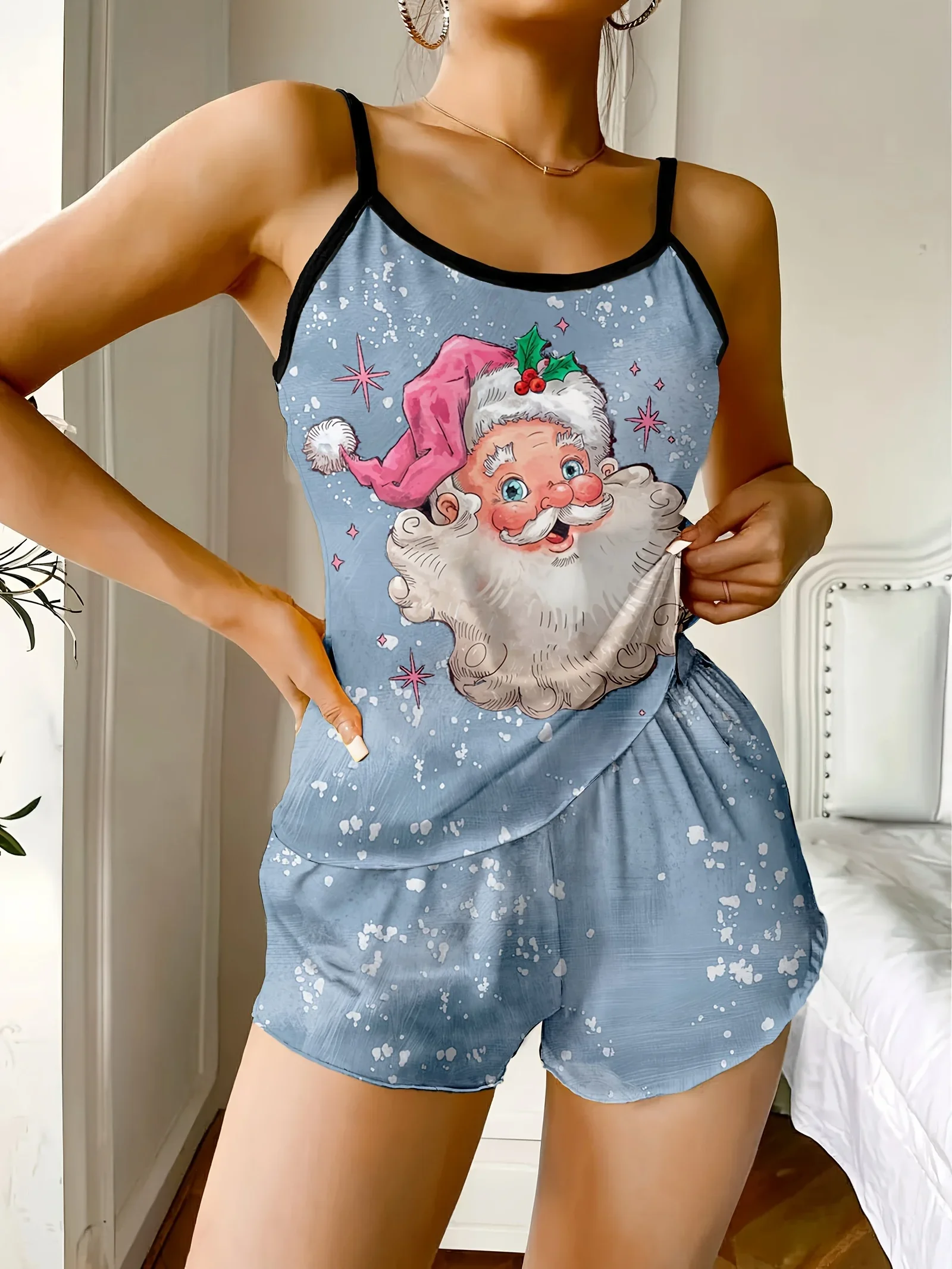 

Plus Size Women’s Set with Suspender and Shorts Casual Pajama Two-piece Set Ladies Fashionable Loose Christmas Print Set