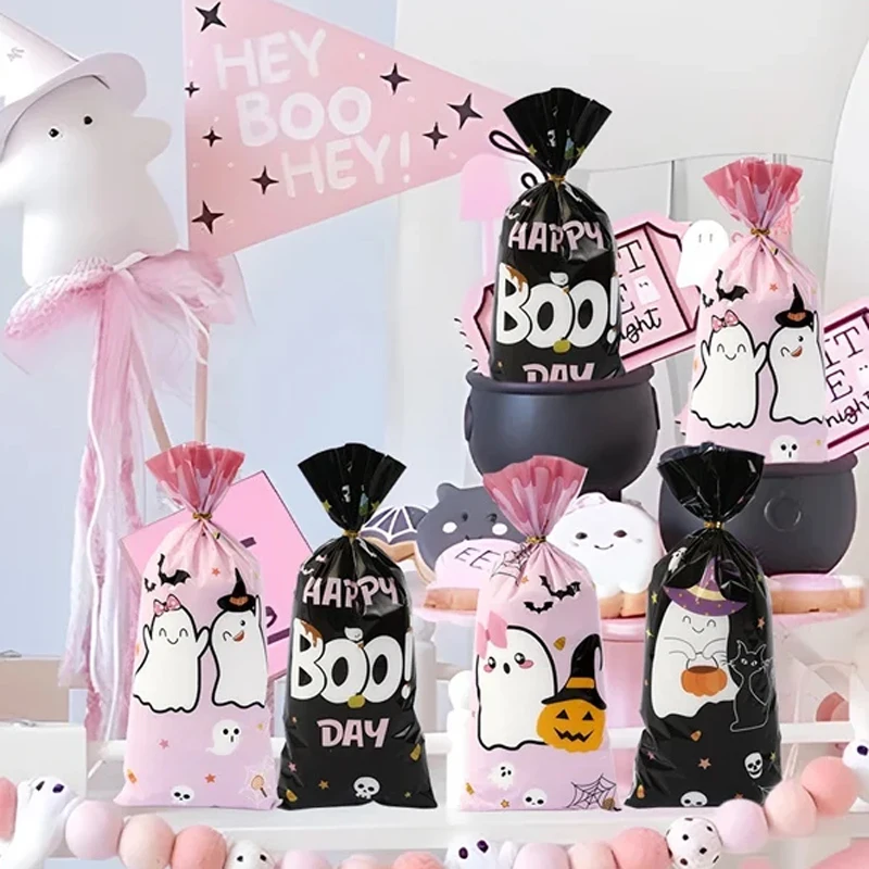 10/50pcs Pink Black Halloween Candy Treat Bags, Little Boo Gift Bags For Halloween Theme Kids Birthday Baby Shower Party Supplie