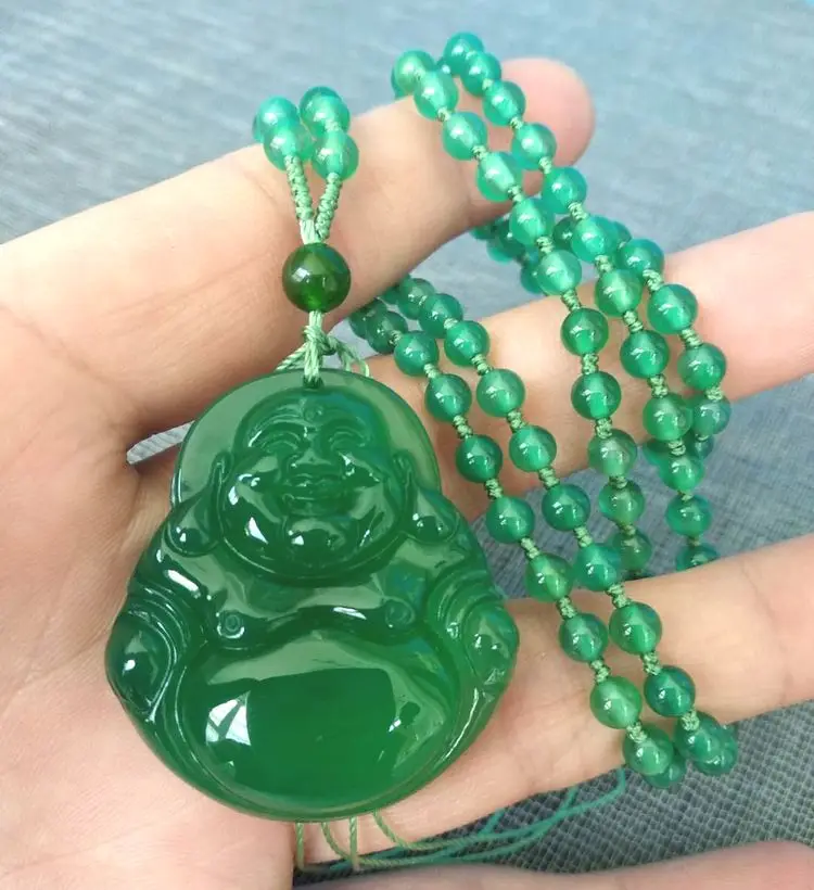 Nature Green Agate Happy God Buddha Pendant Bless Lucky Amulet Hanging Bead Necklace Chalcedony Bead Hanging