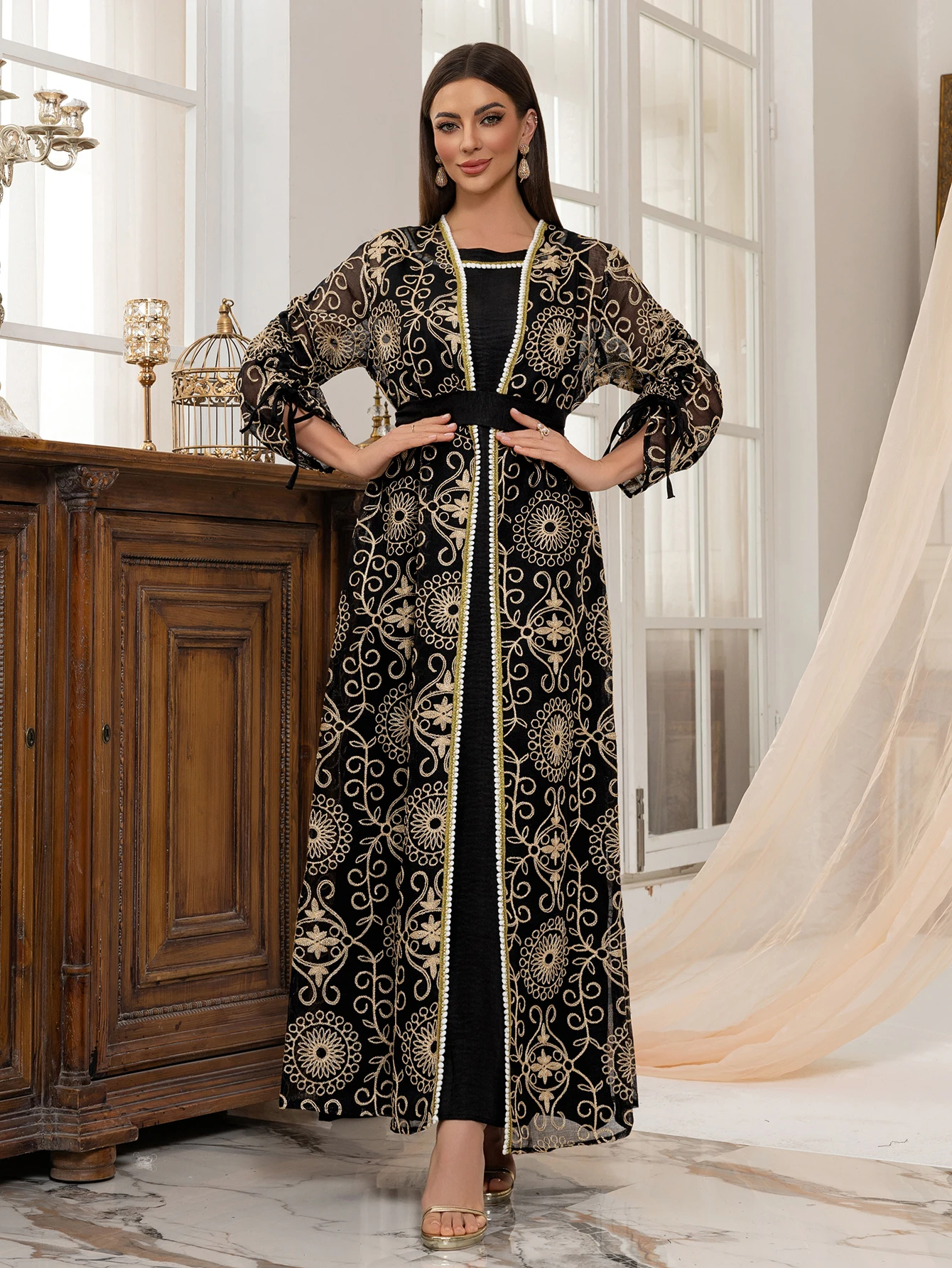 Dubai Women Muslim 2 Piece Abaya Black with Golden Intricate Patterns Bow - tied Sleeves Beaded Trim for UAE Saudi Arabia Qatar