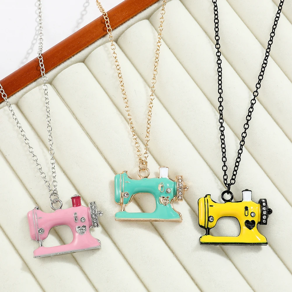 Fashion Trends Statement Enamel Alloy Sewing Machine Pendant Pink Yellow Colors Enamel Necklace Accessories Gift for Woman Fans