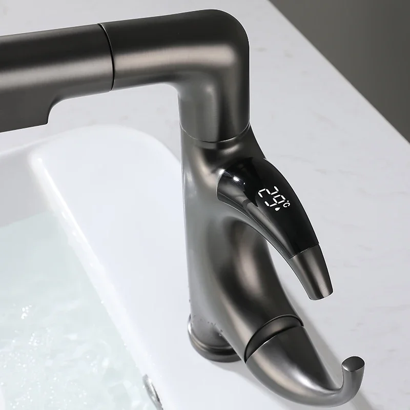 Brushed Bathroom faucet creative pull-out basin robotic arm intelligent digital display faucet stretch hot and cold Tap G3/8G2/1