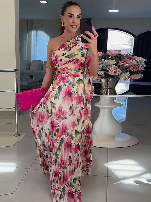 Sexy Floral Print oulder Bared Dr Street Sle A-Line Skirt Polyester Fiber Svel Women's Dr Wedding Scene