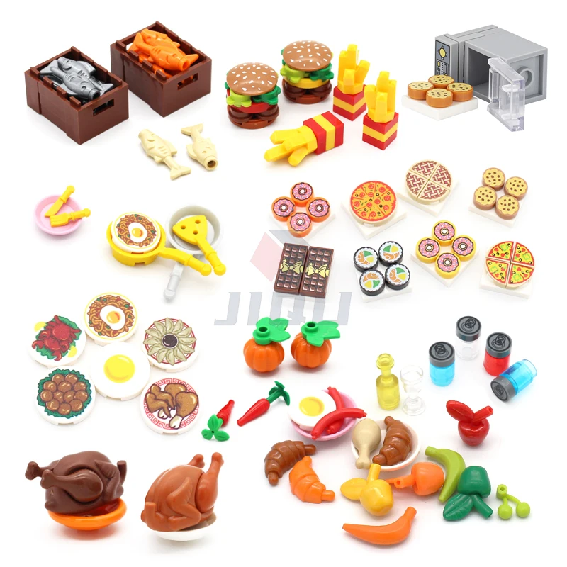 

Mini Food Kitchen Accessories Toys Building Blocks Parts Hamburger Pizza Fries Cake Dessert Chocolate Cookies MOC Assemble Brick