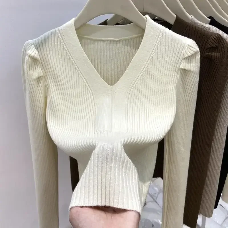 Women\'s Sweater V-neck Puff Sleeve Pullovers Knitwear Slim Stretch Comfortable Fashion Solid Color Brown Sweaters for Women