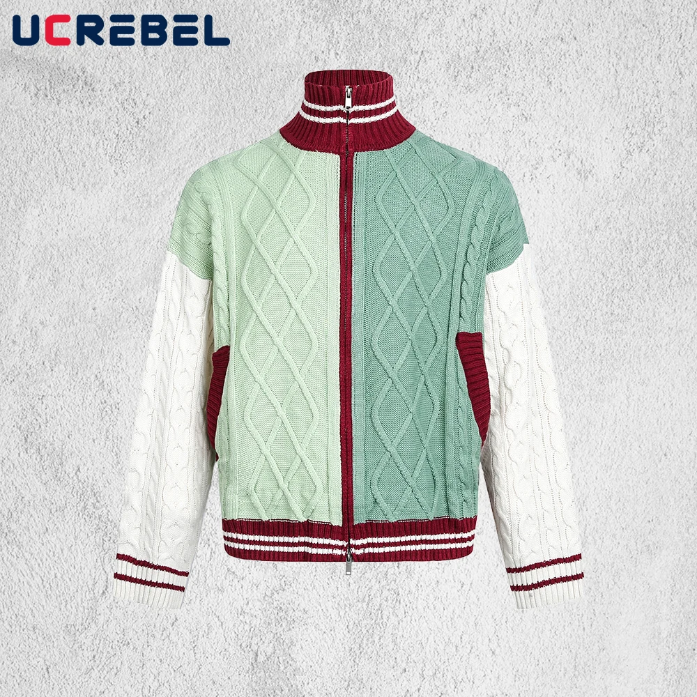 

Свитер с цветными блоками, мужской осенне-зимний ретро уличный водолазка с длинным рукавом, вязаный свитер, кардиган, мужской