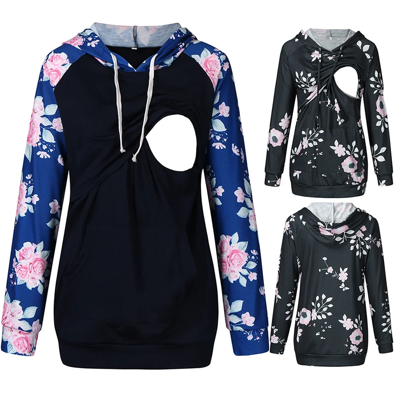 

New Maternity Clothes O-Neck Splicing Long Sleeve Breast-Feeding Pregnant T-shirt Woman Nursing Hooded Blouse Tops Breastfeeding