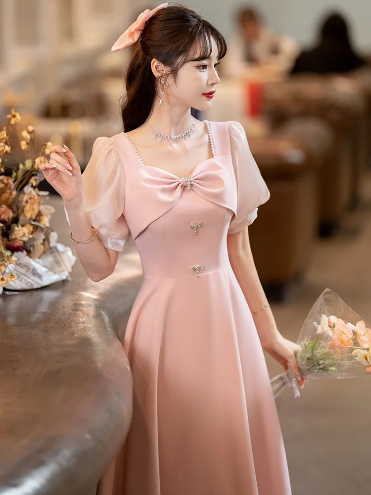 Sweet Pink Evening Dress Puff Sleeve Princess Dresses Elegant Beaded Bow Square Collar A-LineTea-Length Birthday Party Gown