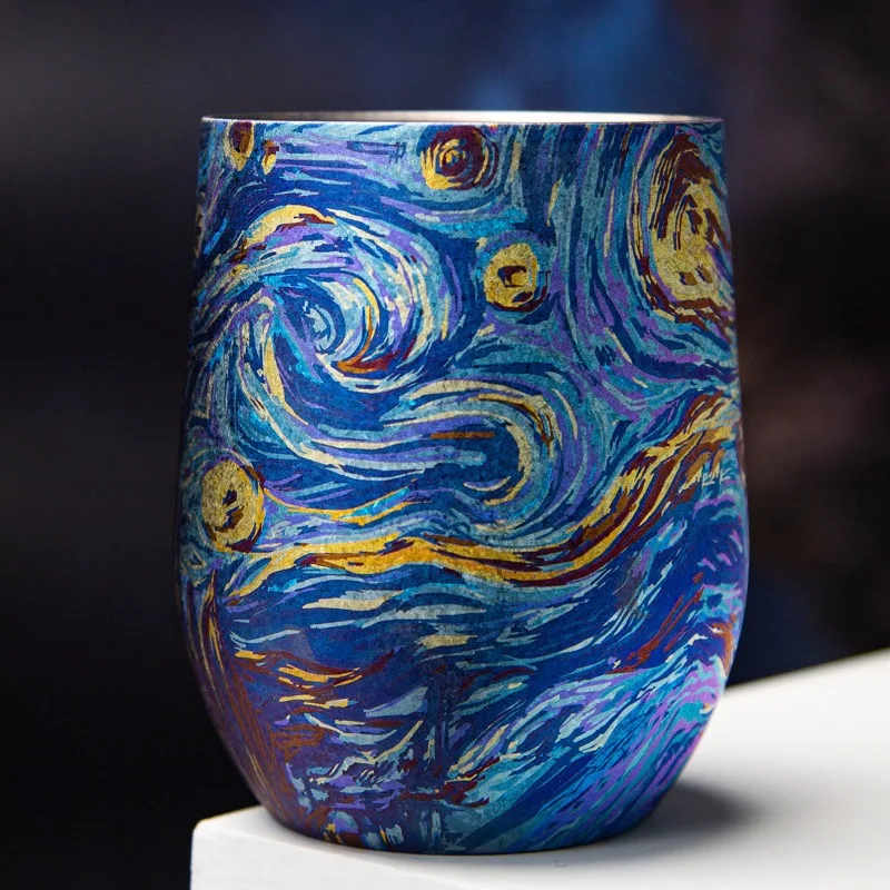 Van Gogh pure titanium coffee cup, high-value portable titanium cup, outdoor office color titanium tea cup