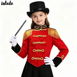Girls Circus Ringmaster Cosplay Costume Drum Major Team Uniform Tassel Shoulder Button Down Jacket with Hat Magic Wand Gloves