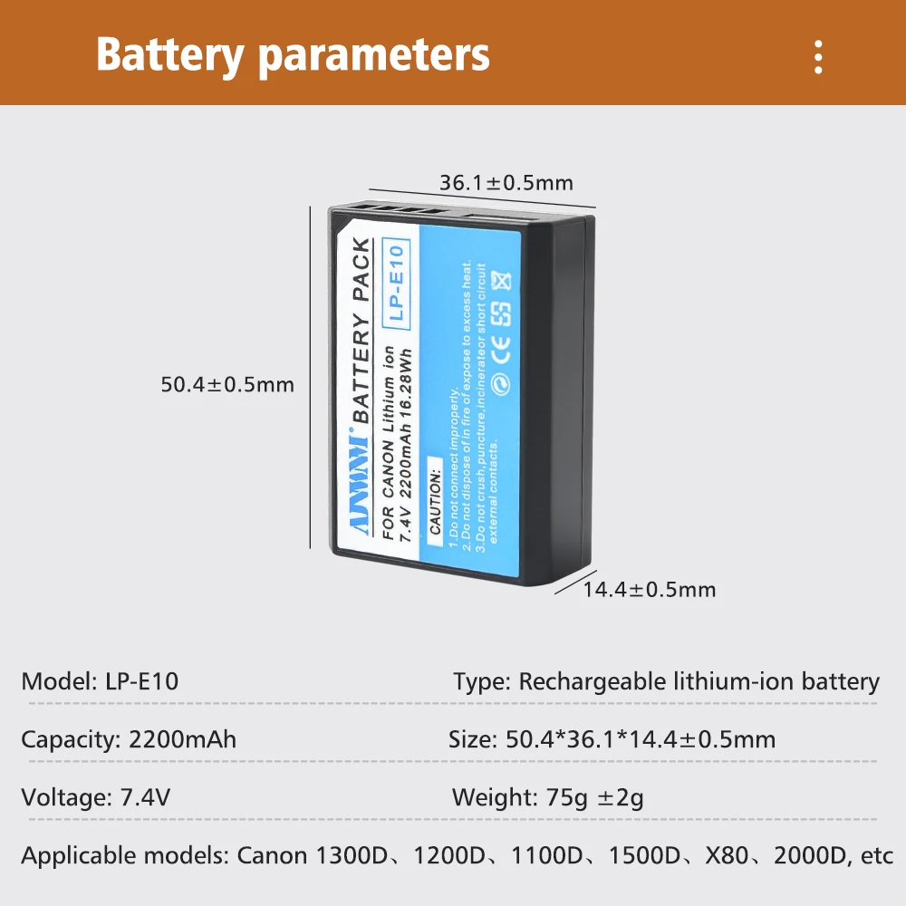 7.4V 2200mAh LP-E10 LP E10 Battery for Canon EOS Rebel T3, T5, T6, T7, Kiss X50, Kiss X70, EOS 1100D 1200D1300D 2000D Camera