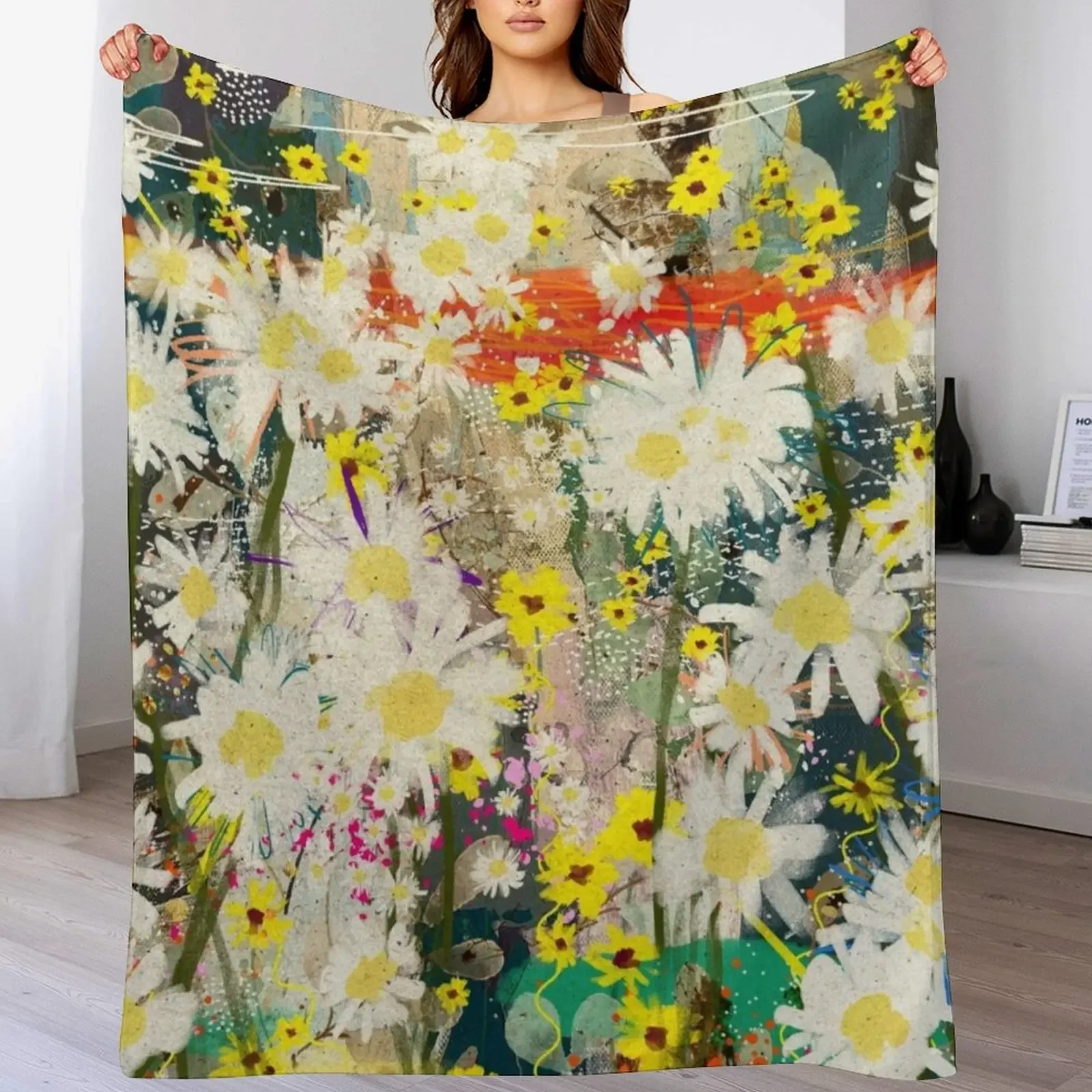 

Vintage Daisies - Rustic Floral Design - Contemporary Abstract Flower Art Throw Blanket Luxury Throw Moving Blankets