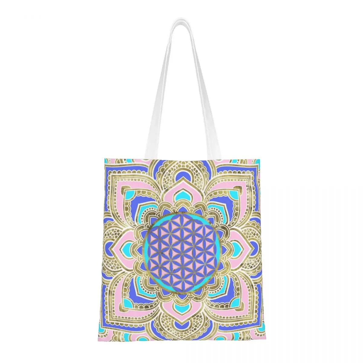 Flower Of Life In Lotus Pastels And Gold Canvas Tote Bag Reusable Large Capacity Grocery Bag for Women Mandala Travel Bags