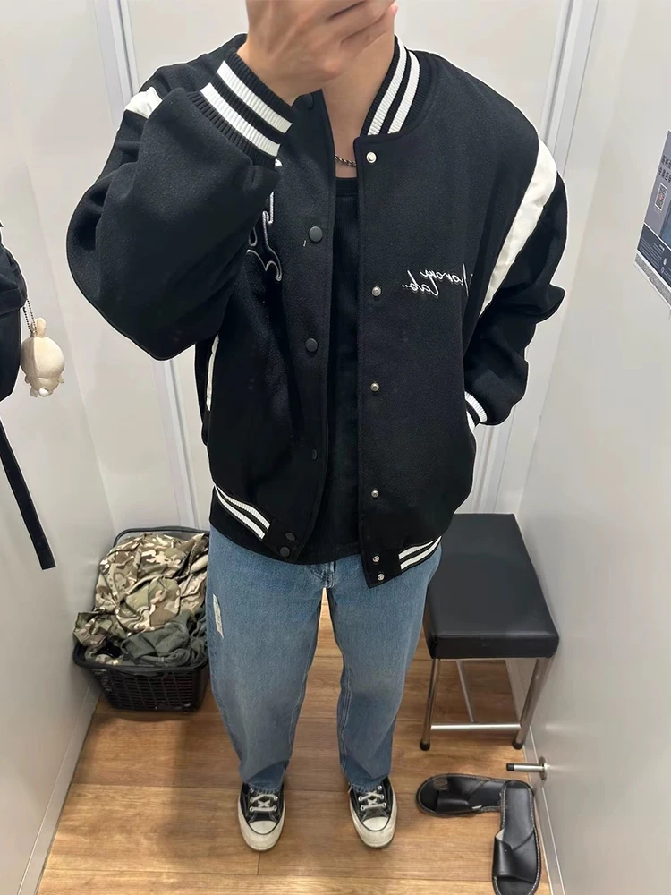 

Retro American Style Baseball Jacket Men's Spring Autumn Fashion High-End Color Block Shoulder Insertion Ball Collar Jacket