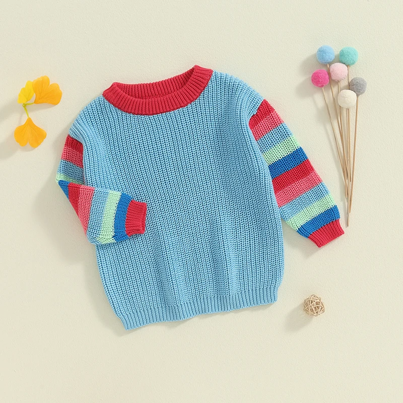 Suéter de punto para bebé, niño y niña, jersey de manga larga con cuello redondo a rayas, sudadera infantil, ropa de otoño e invierno